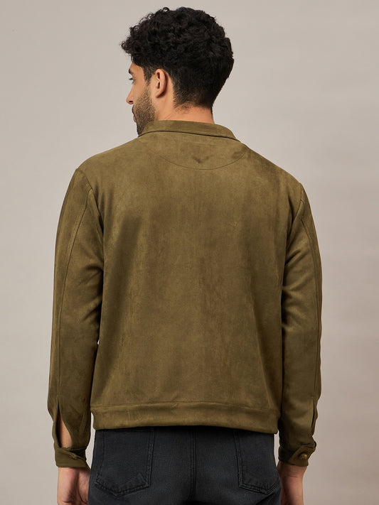 Olive Suede Pocket Zipper Jacket With Stand Collar