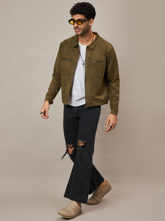Olive Suede Pocket Zipper Jacket With Stand Collar