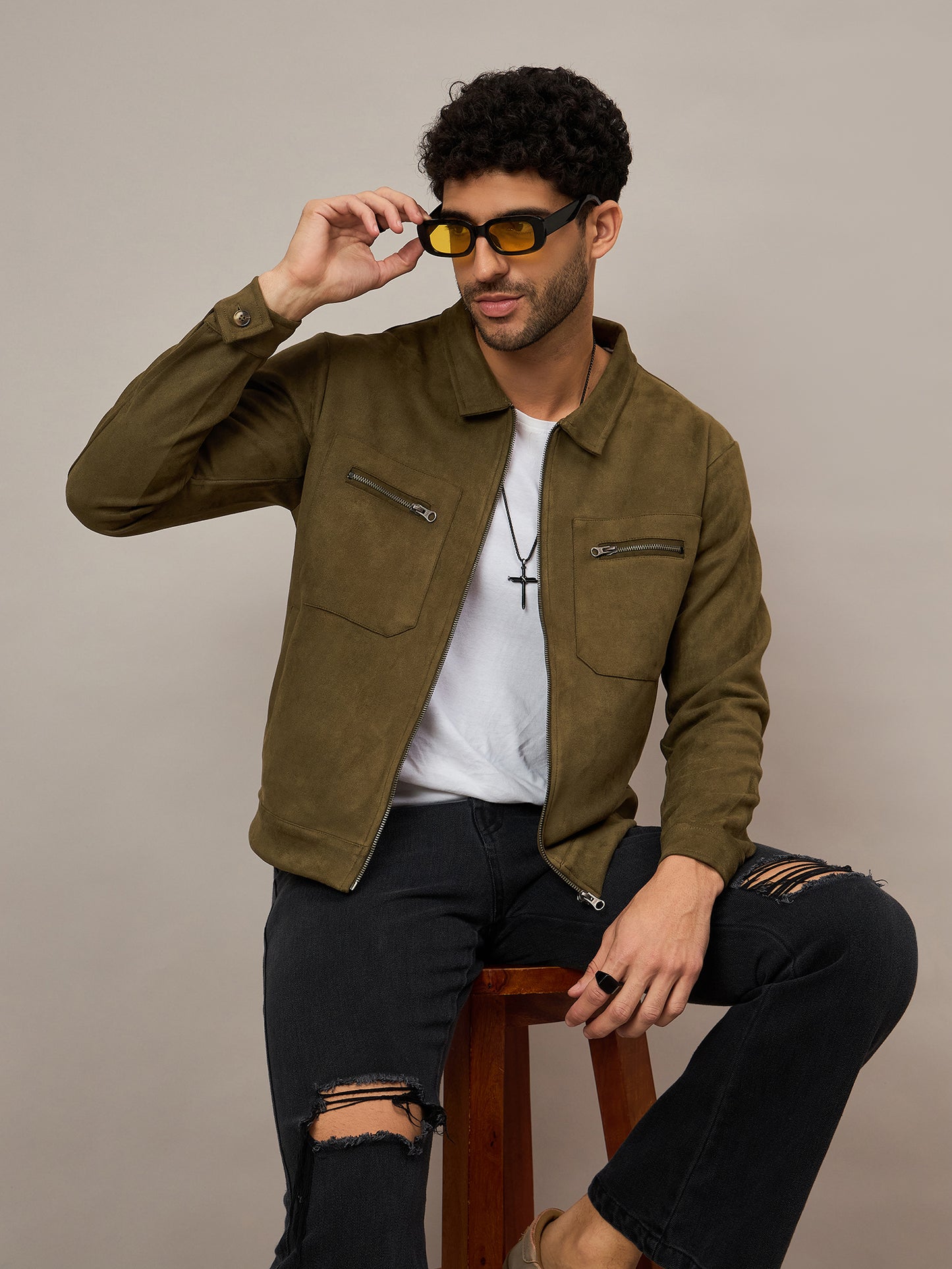 Olive Suede Pocket Zipper Jacket With Stand Collar