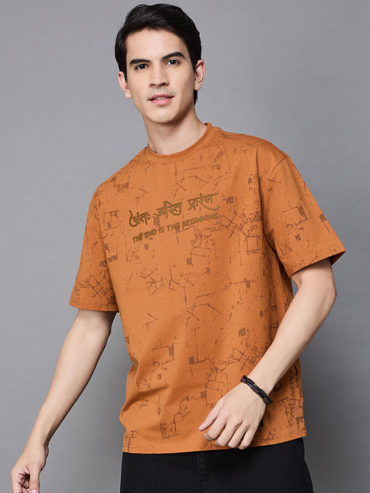 Men Summer orange Solid Round Neck Half Sleeve Hindi Wording Tshirt