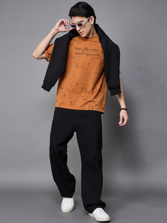Men Summer orange Solid Round Neck Half Sleeve Hindi Wording Tshirt - Reprise