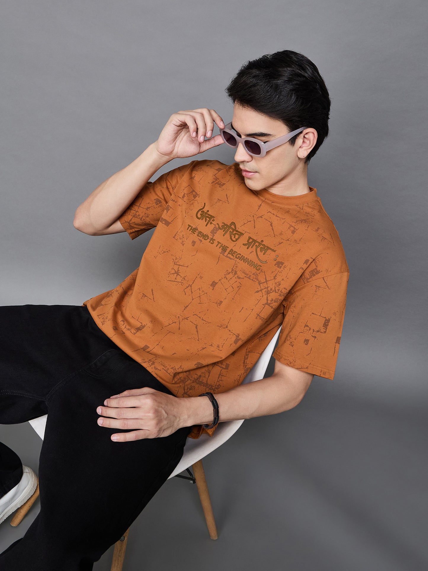 Men Summer orange Solid Round Neck Half Sleeve Hindi Wording Tshirt