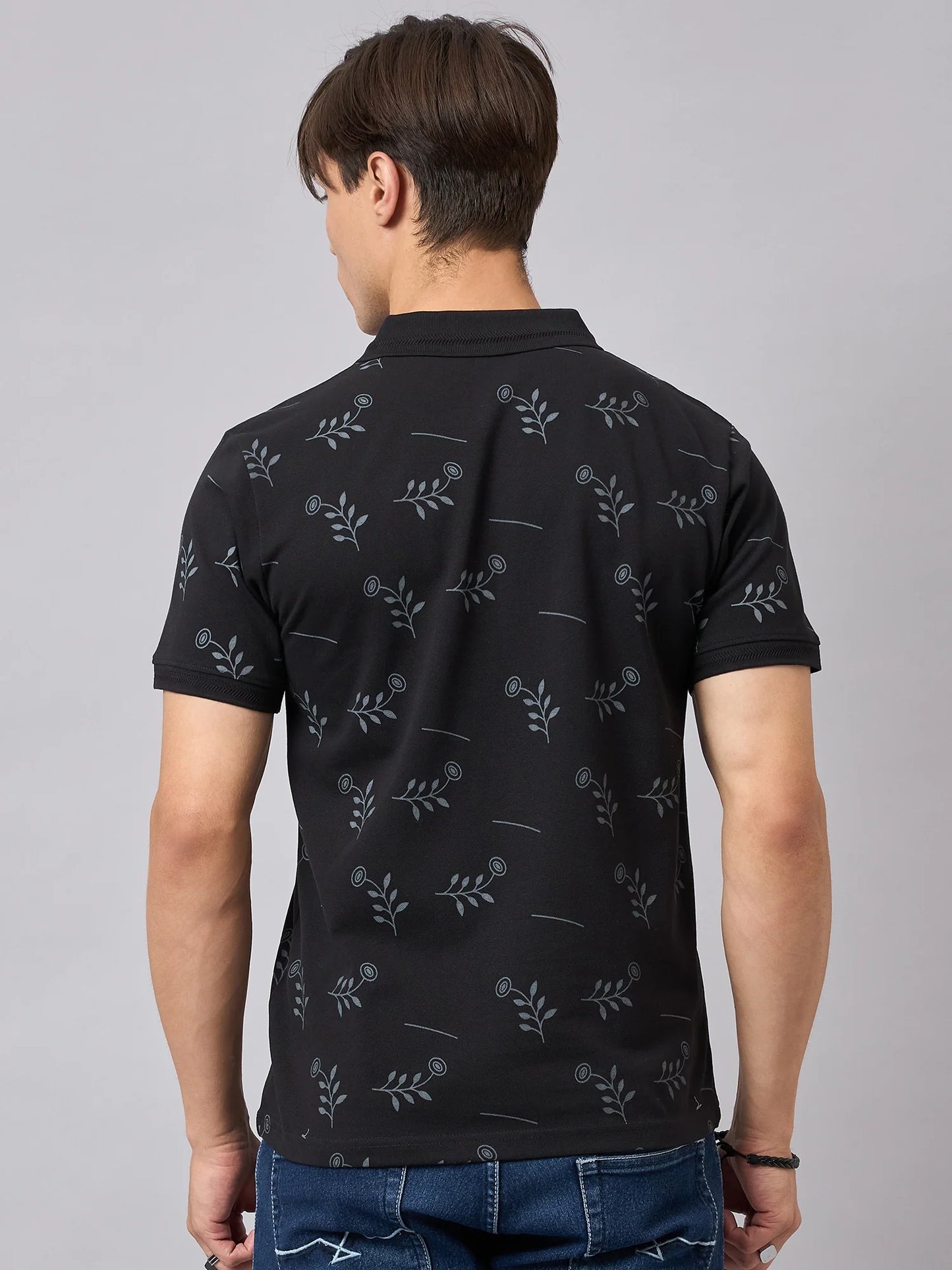 Men Printed Cotton Black Polo T-Shirts