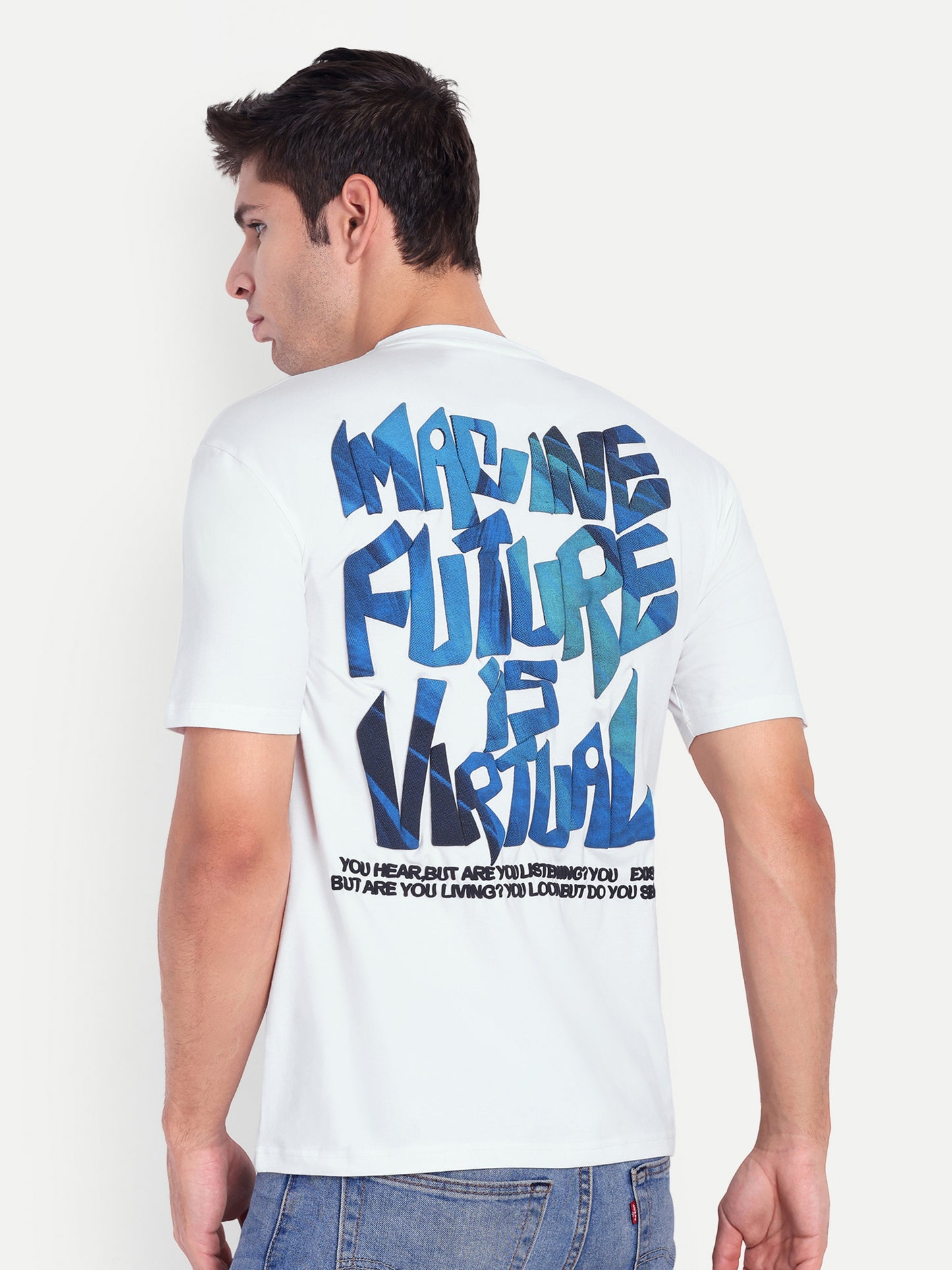 White Men Round Neck Oversize Printed T-shirt - Reprise