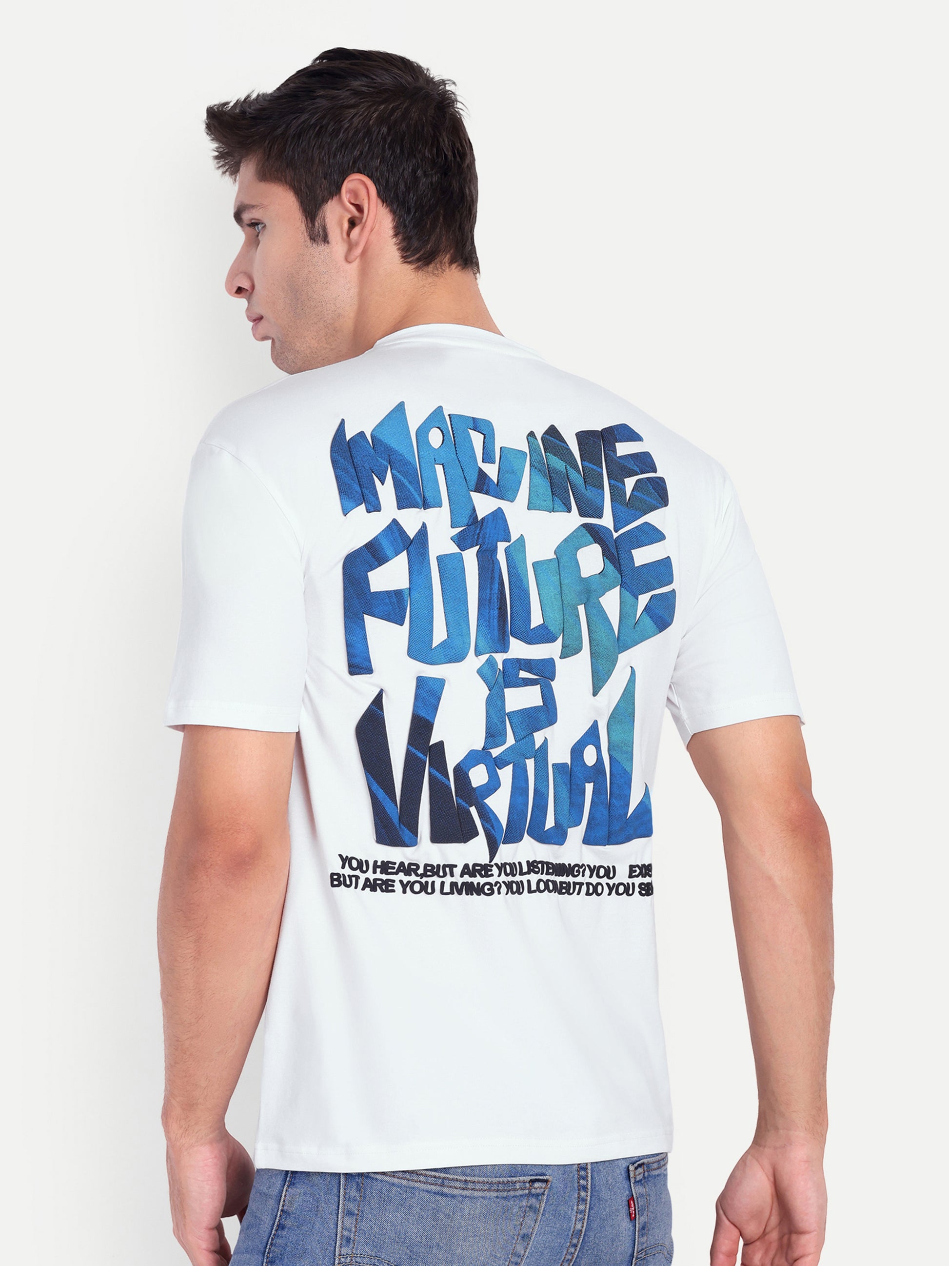 White Men Round Neck Oversize Printed T-shirt - Reprise