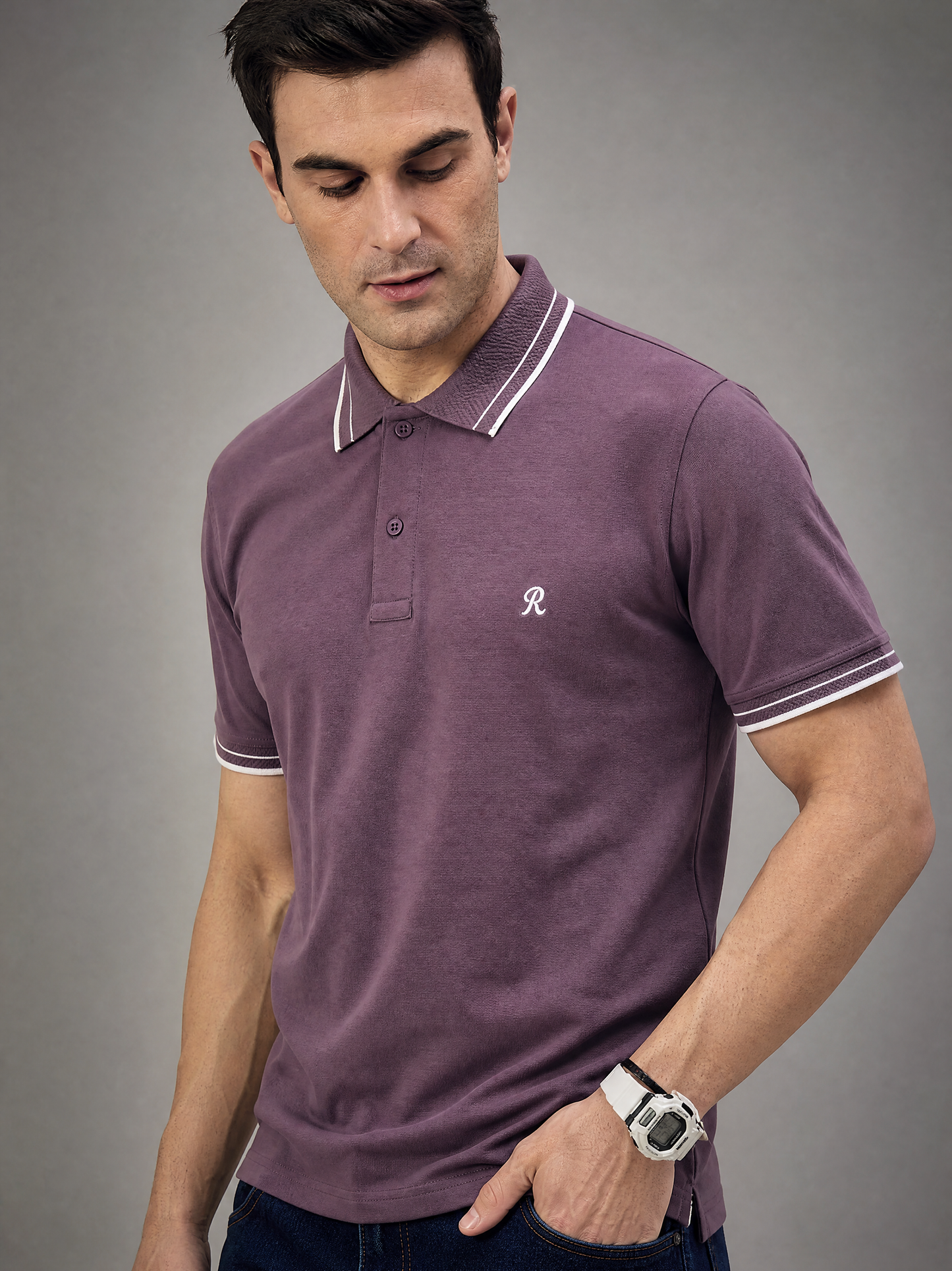 Men Stripe Purple Polo TShirt