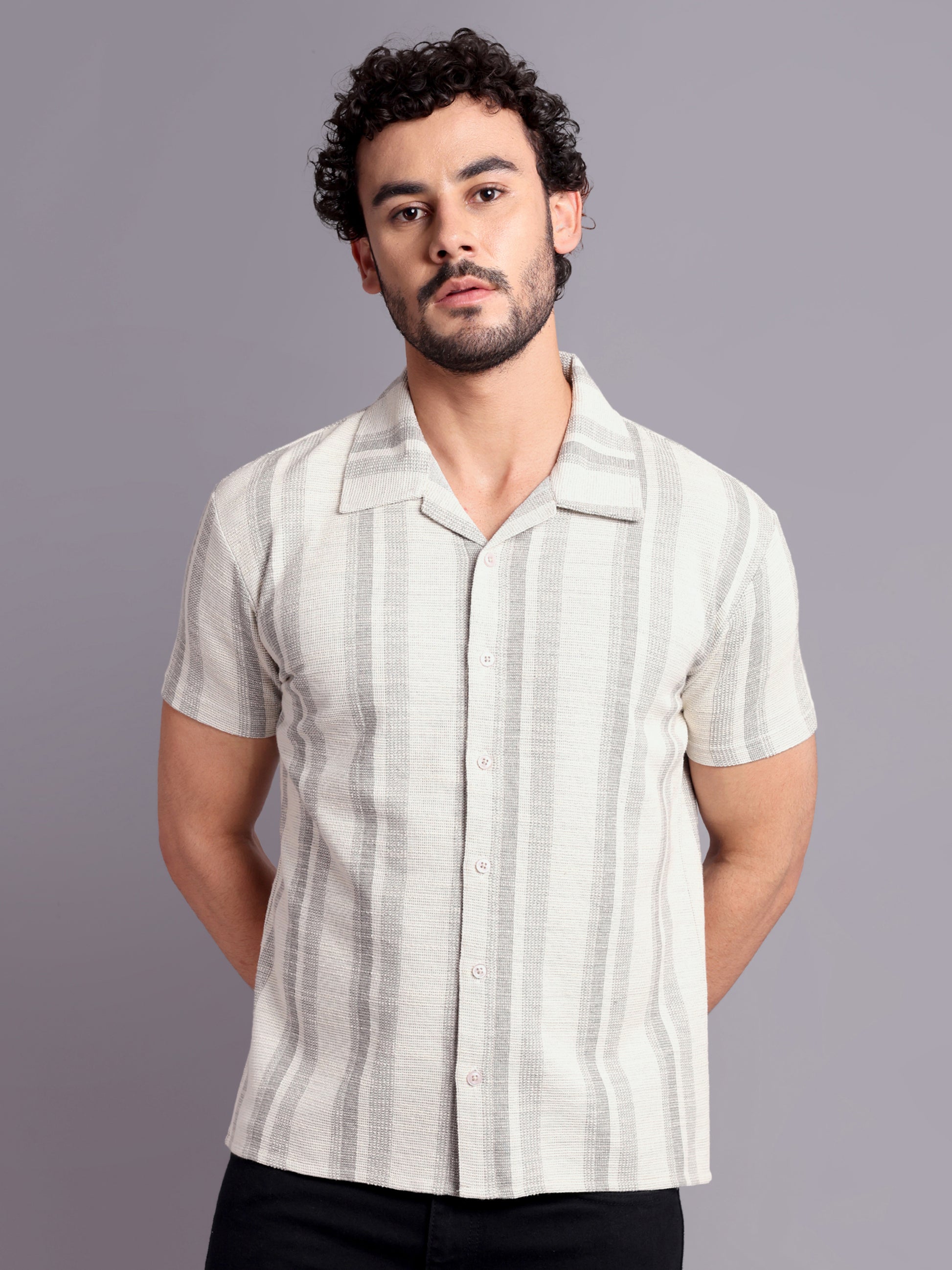 Men Regular Fit Spread Collar Textured Shirt White Grey - Reprise