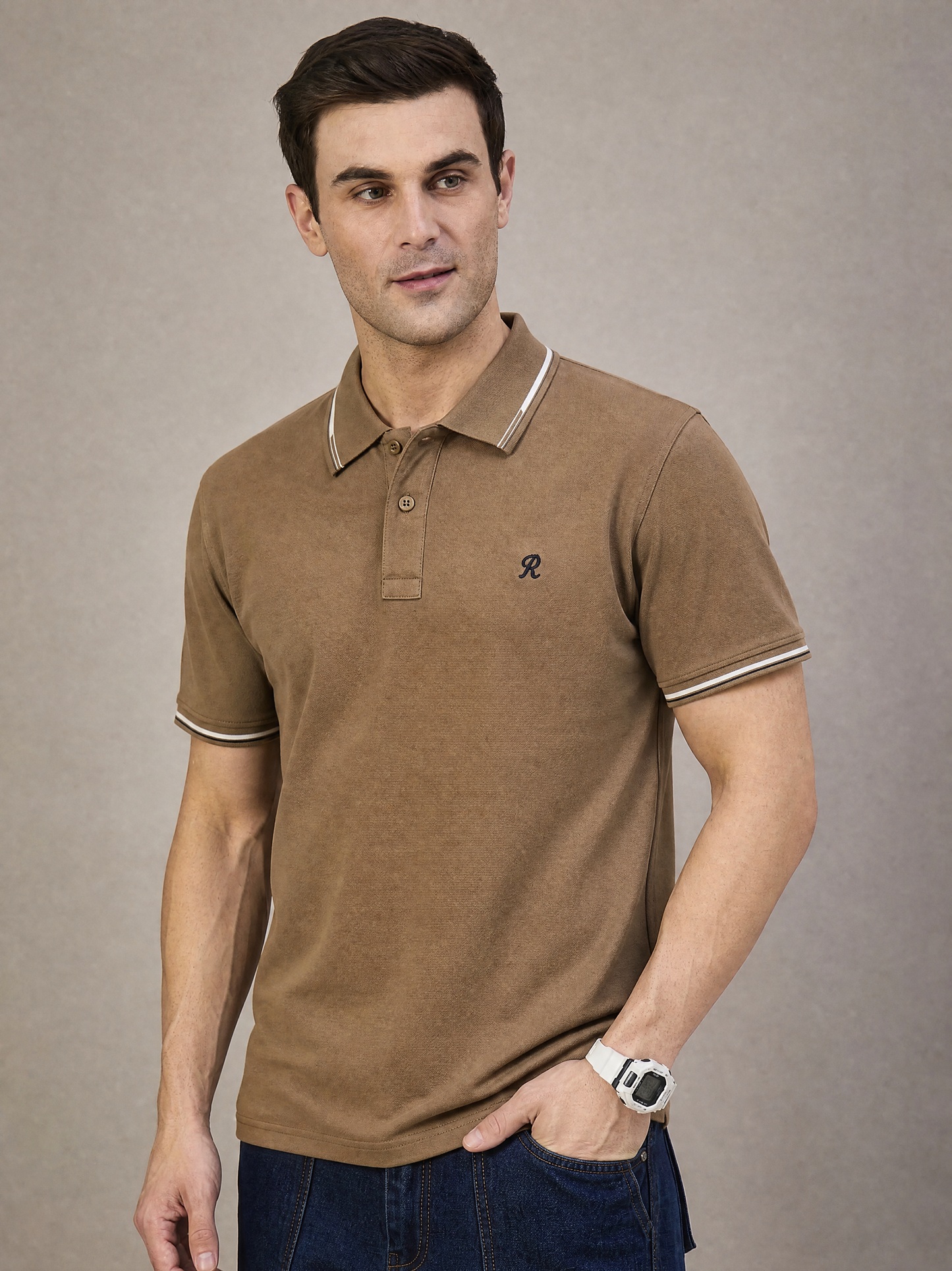Men Stripe Light Brown Polo TShirt
