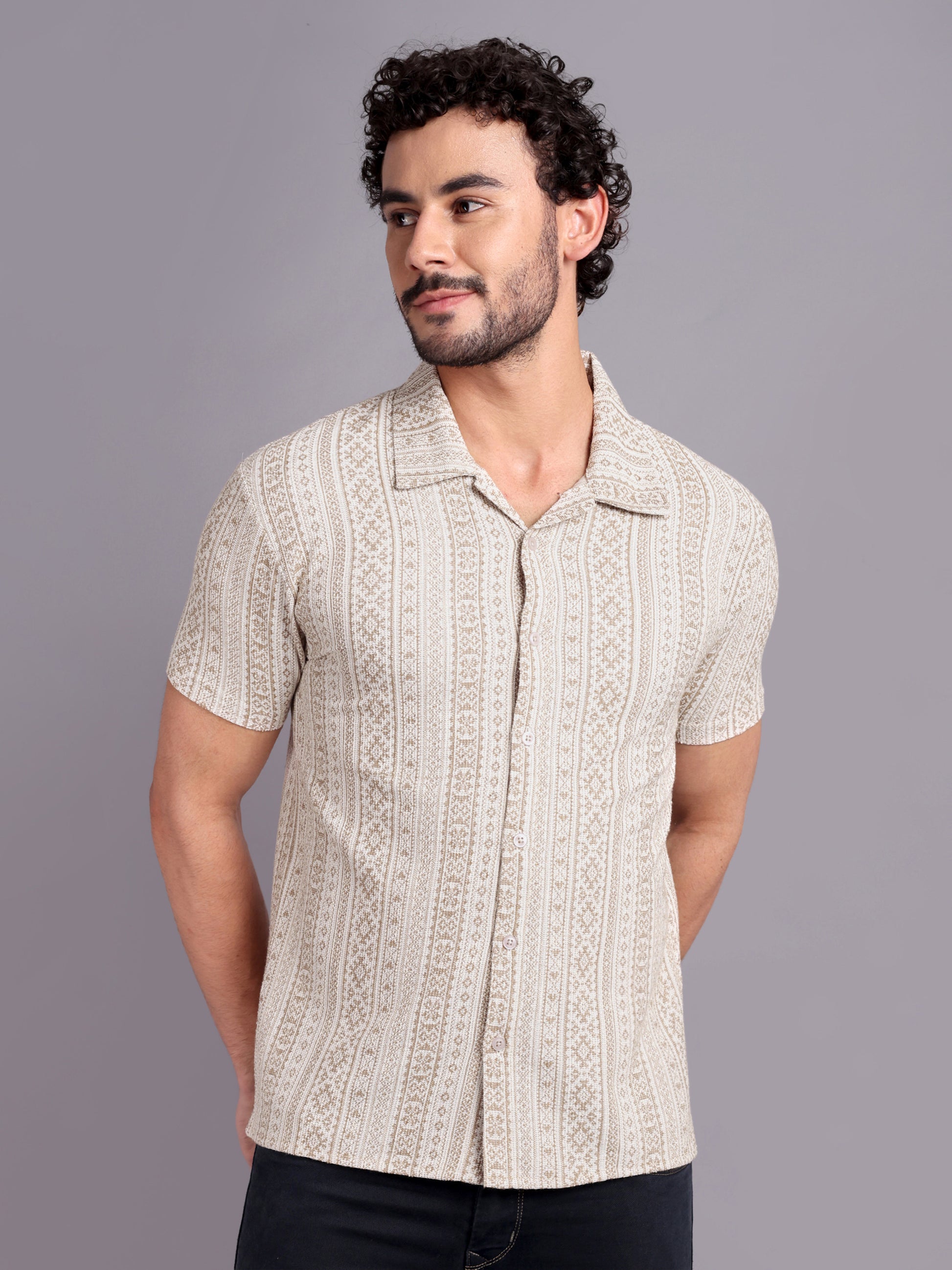 Men Regular Fit Spread Collar Textured Shirt Beige - Reprise