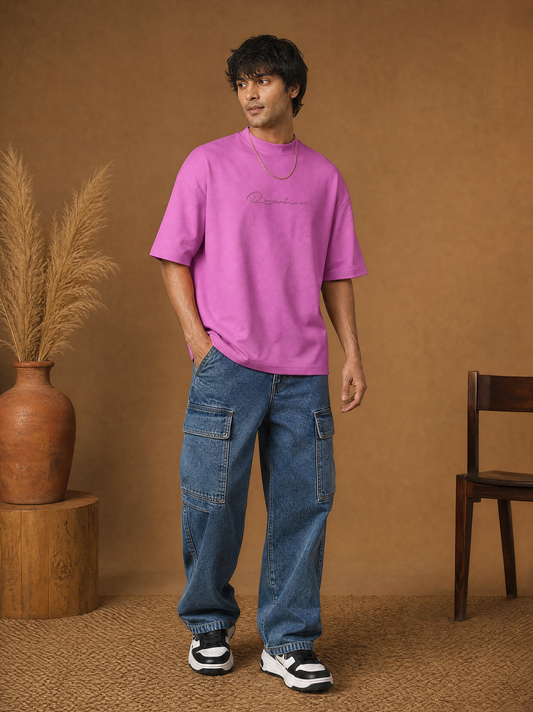 Men Oversize Printed Round Neck T-shirt Pink
