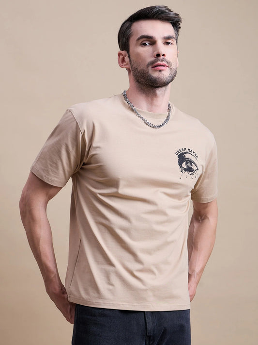 Men Beige Cotton Oversized T-Shirt