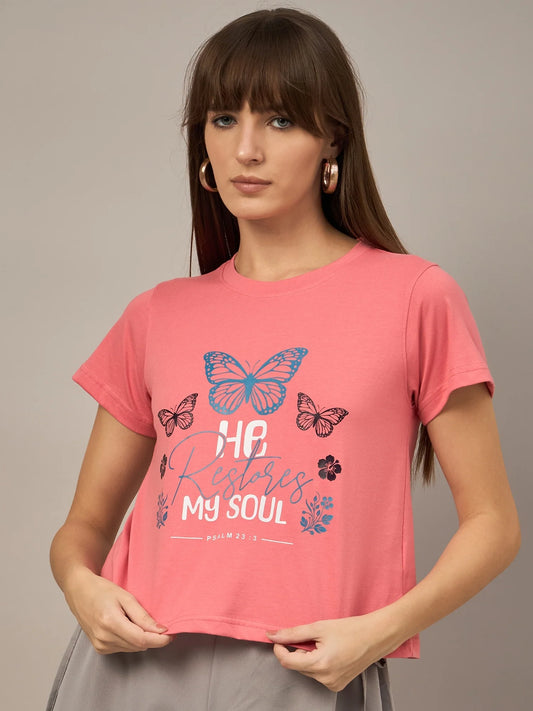 Women Printed Regular Fit T-shirt Pink