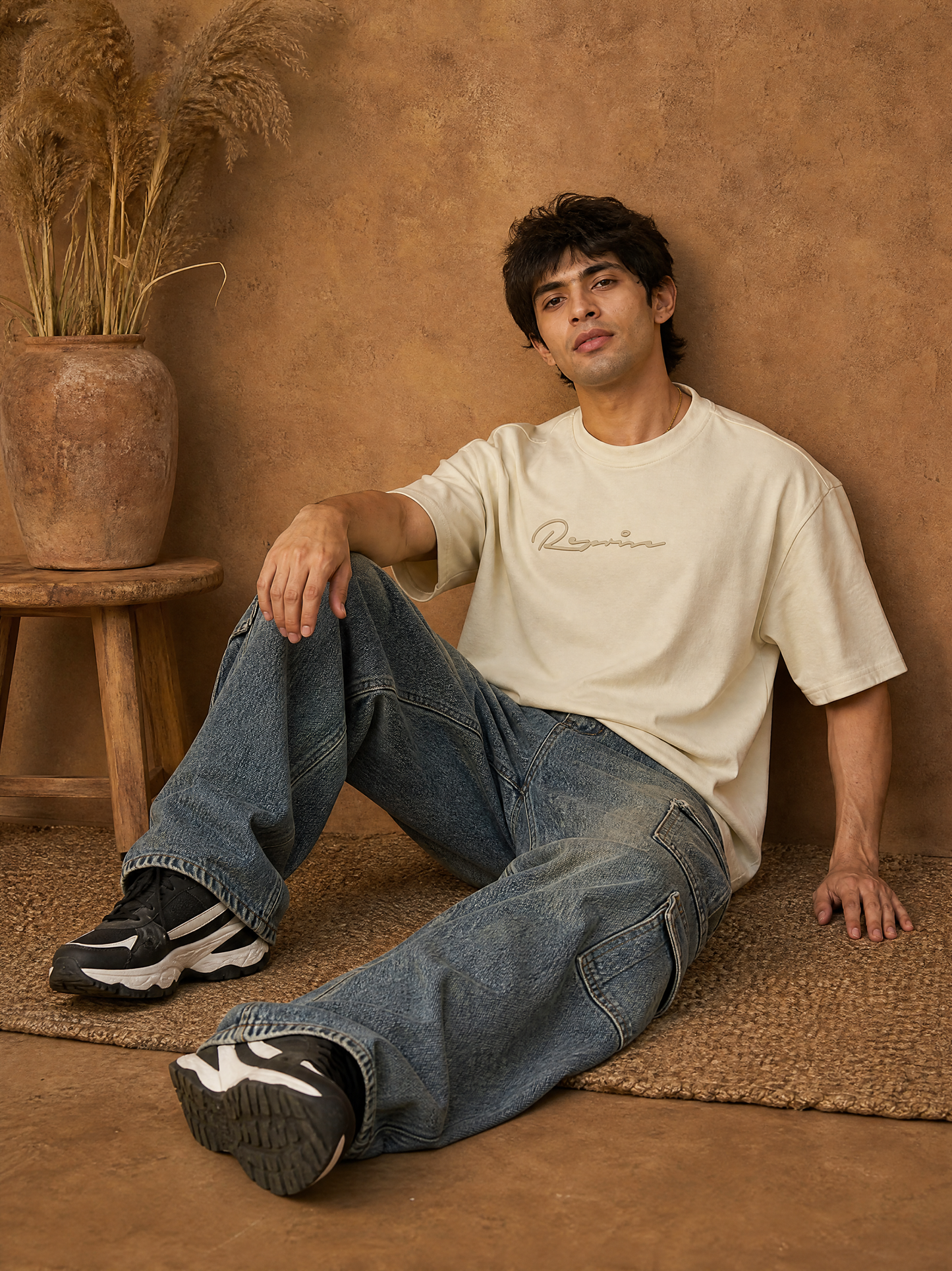 Men Oversize Printed Round Neck T-shirt Off White