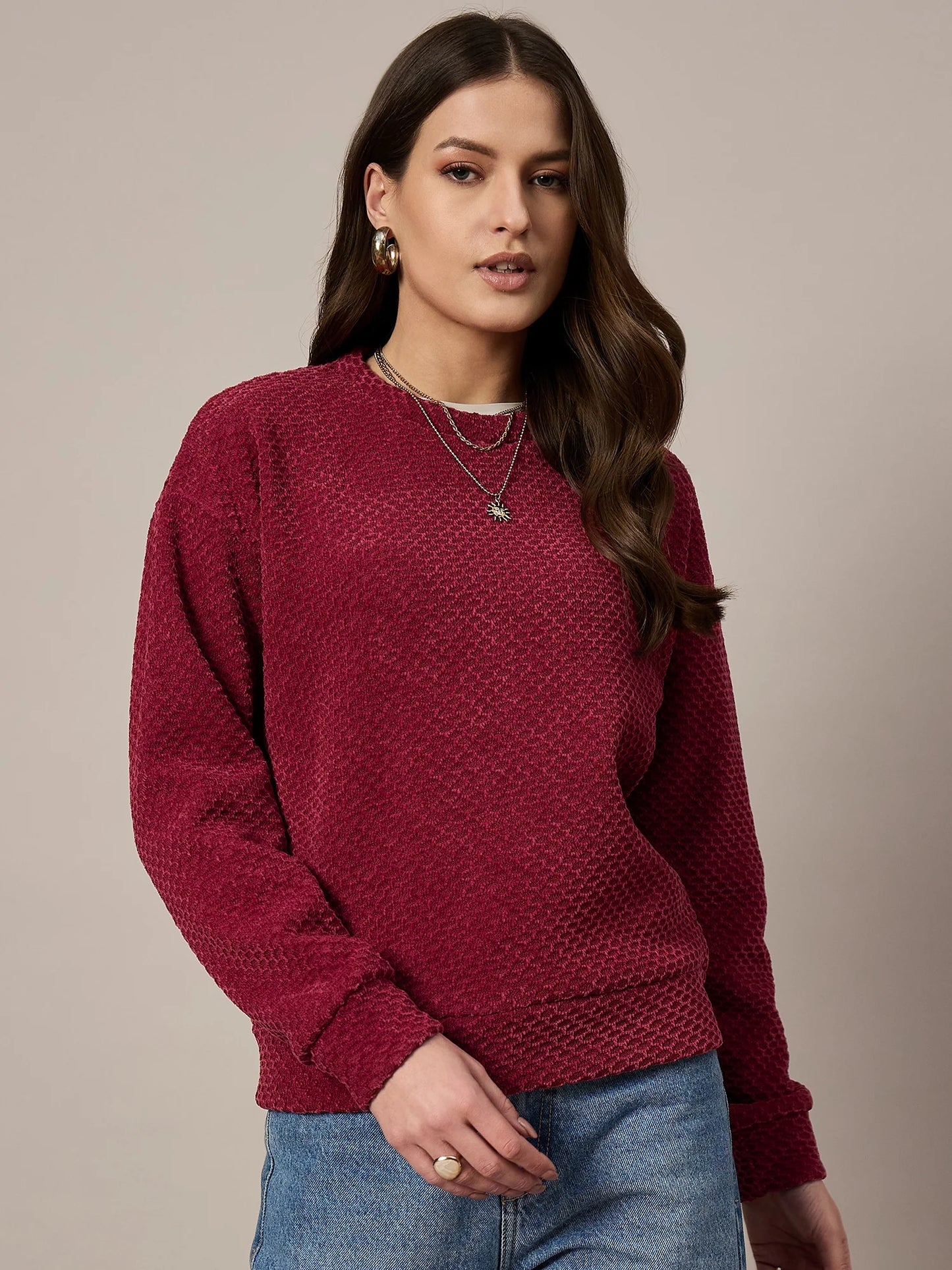 Women Maroon Velour Sweatshirt