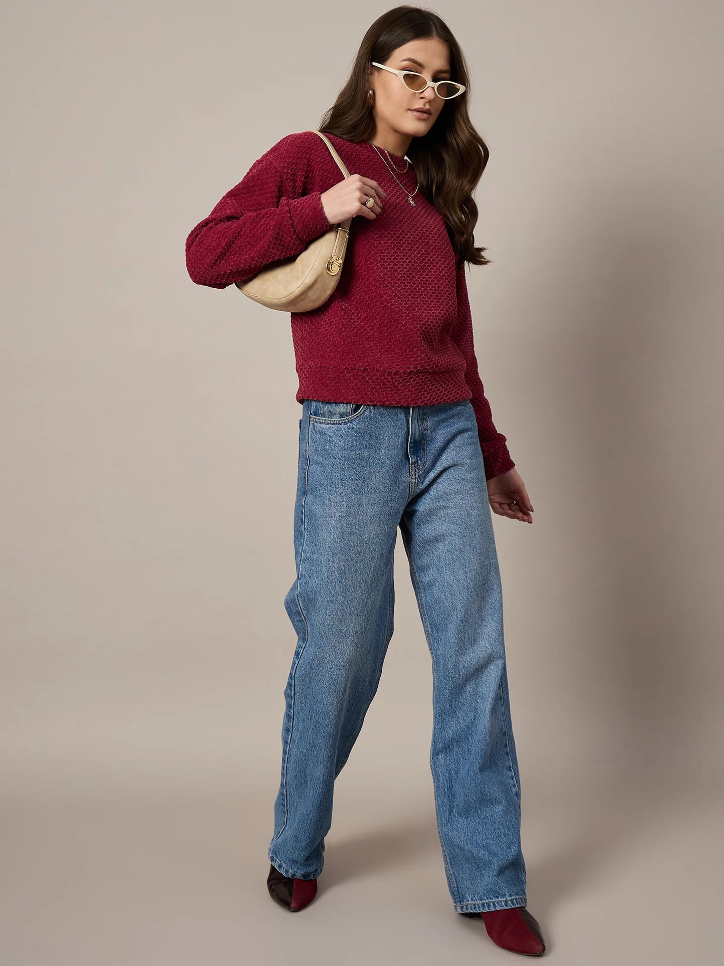 Women Maroon Velour Sweatshirt