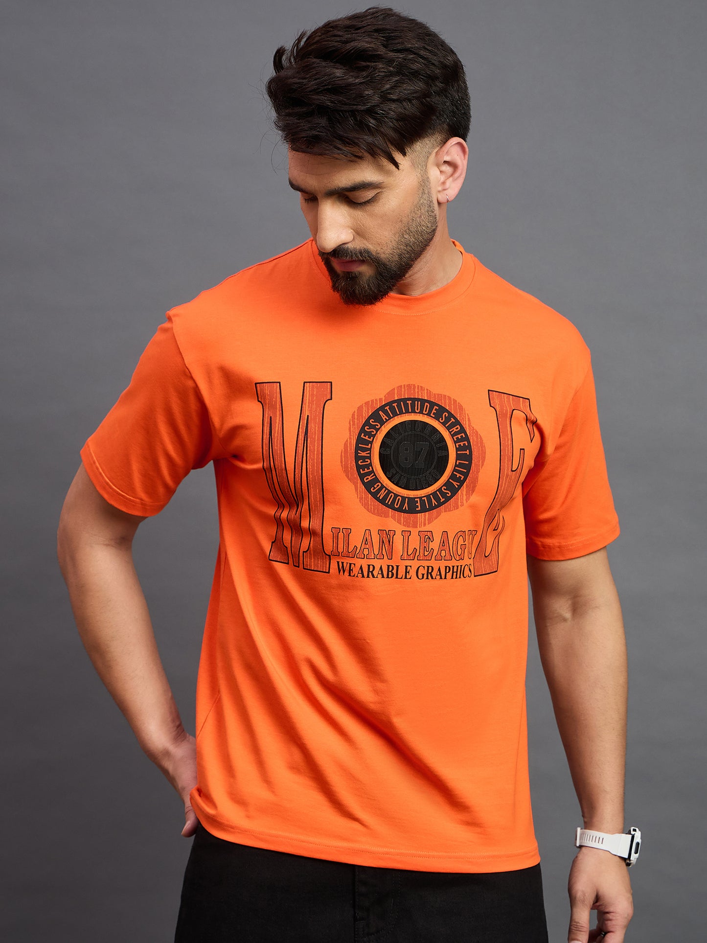 Men Oversized Round Neck Drop Shoulder T-shirt Orange