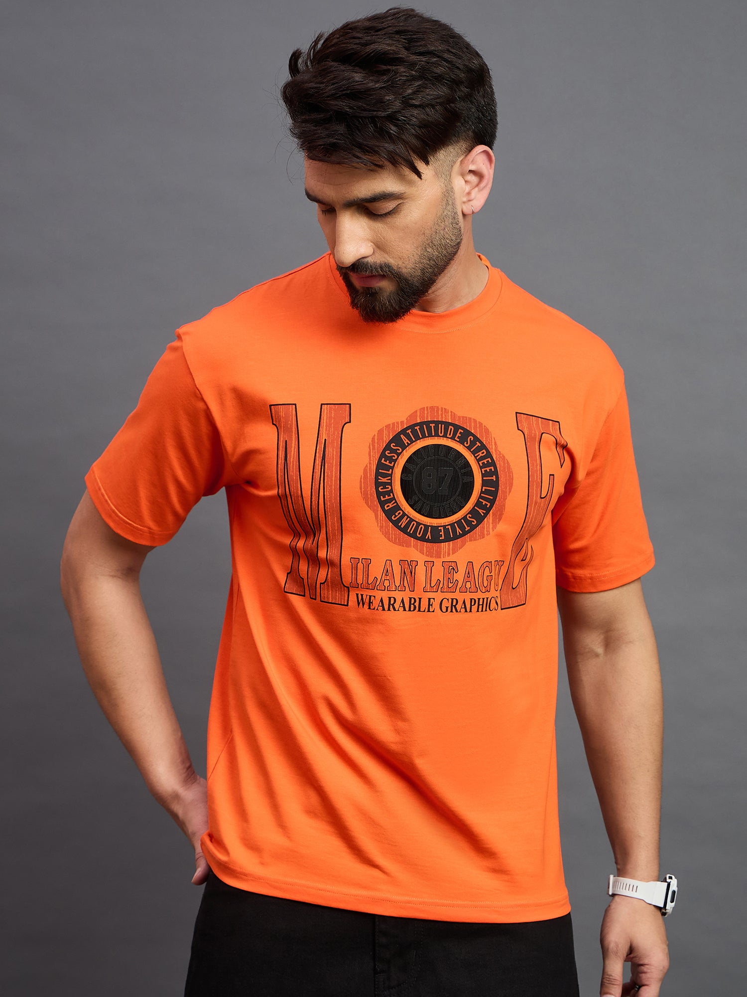 Men Oversized Round Neck Drop Shoulder T-shirt Orange