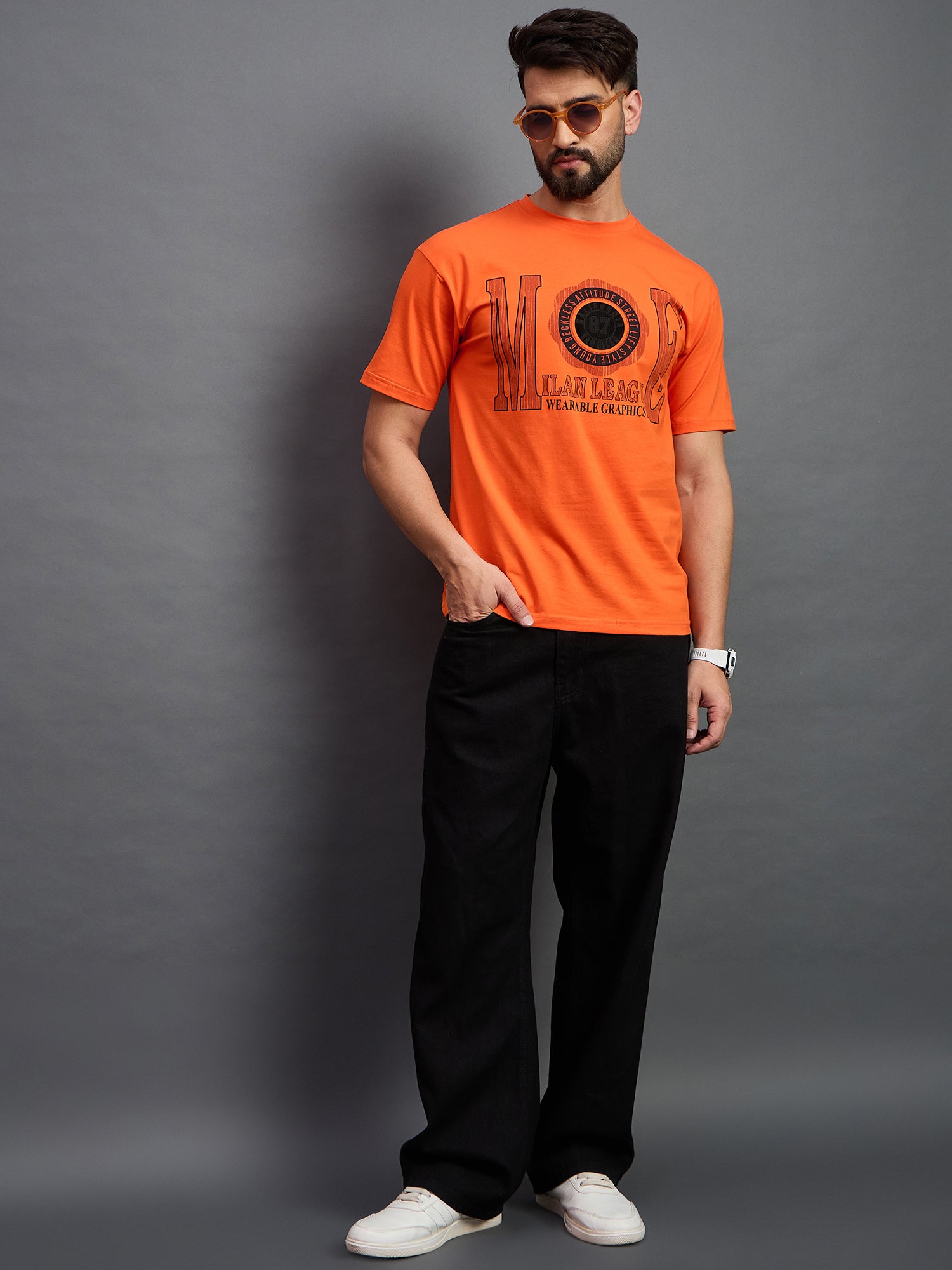 Men Oversized Round Neck Drop Shoulder T-shirt Orange