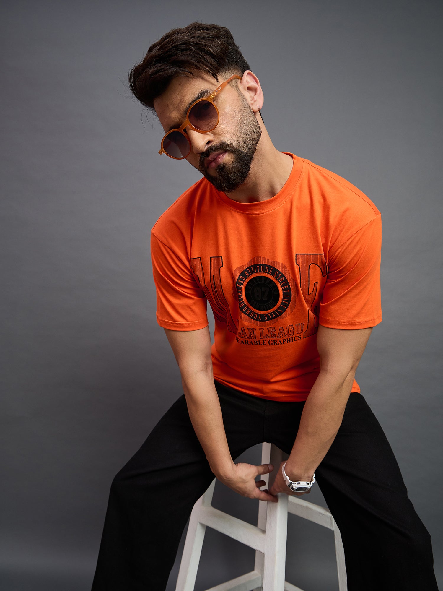 Men Oversized Round Neck Drop Shoulder T-shirt Orange
