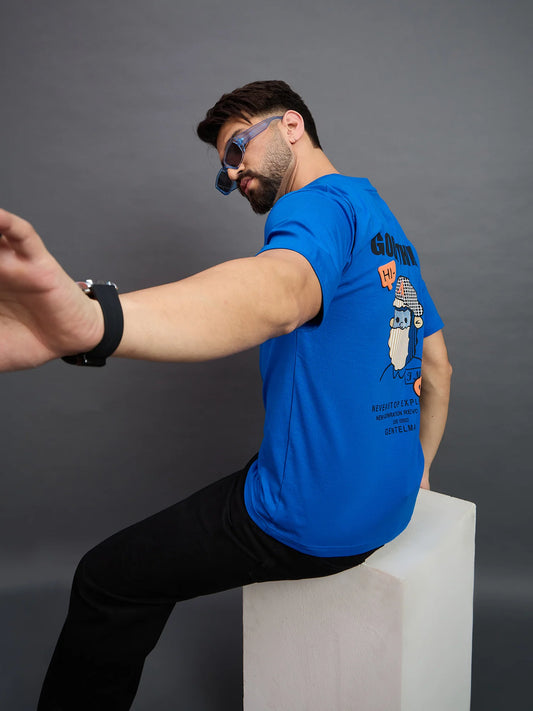 Men Printed Oversized Round Neck Drop Shoulder T-shirt Royal Blue