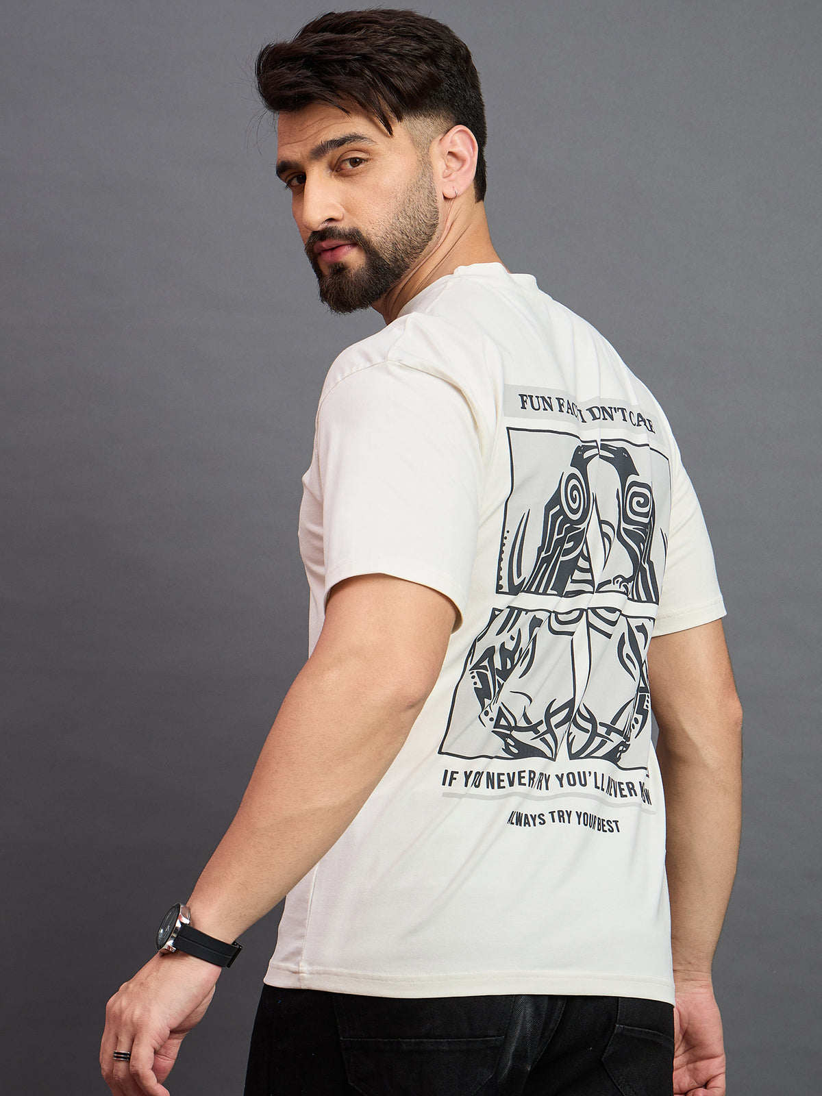 Back view of off-white oversized men’s T-shirt – relaxed fit