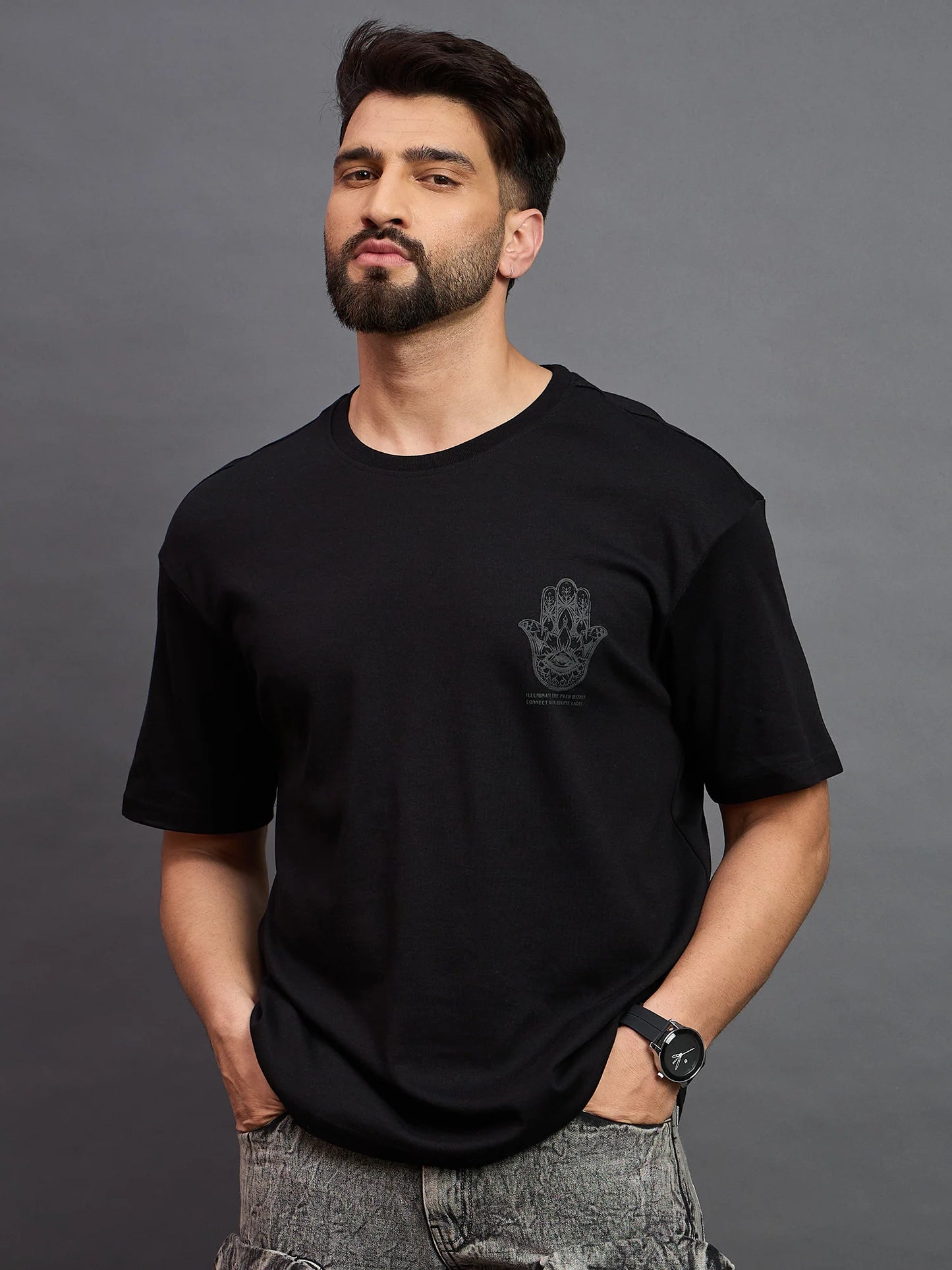 Men Printed Oversized Round Neck Drop Shoulder T-shirt Black