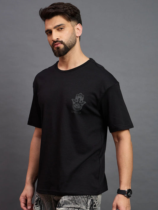 Men Printed Oversized Round Neck Drop Shoulder T-shirt Black