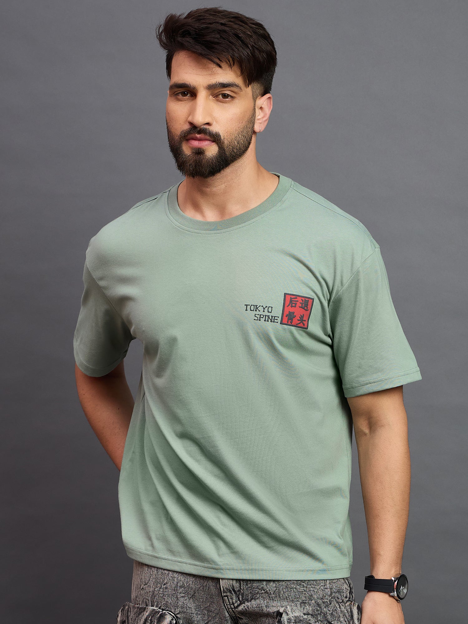 Men Oversized Round Neck Drop Shoulder T-shirt Sage