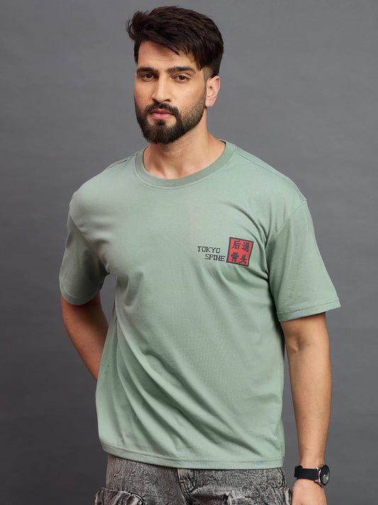 Men Printed Oversized Round Neck Drop Shoulder T-shirt Sage