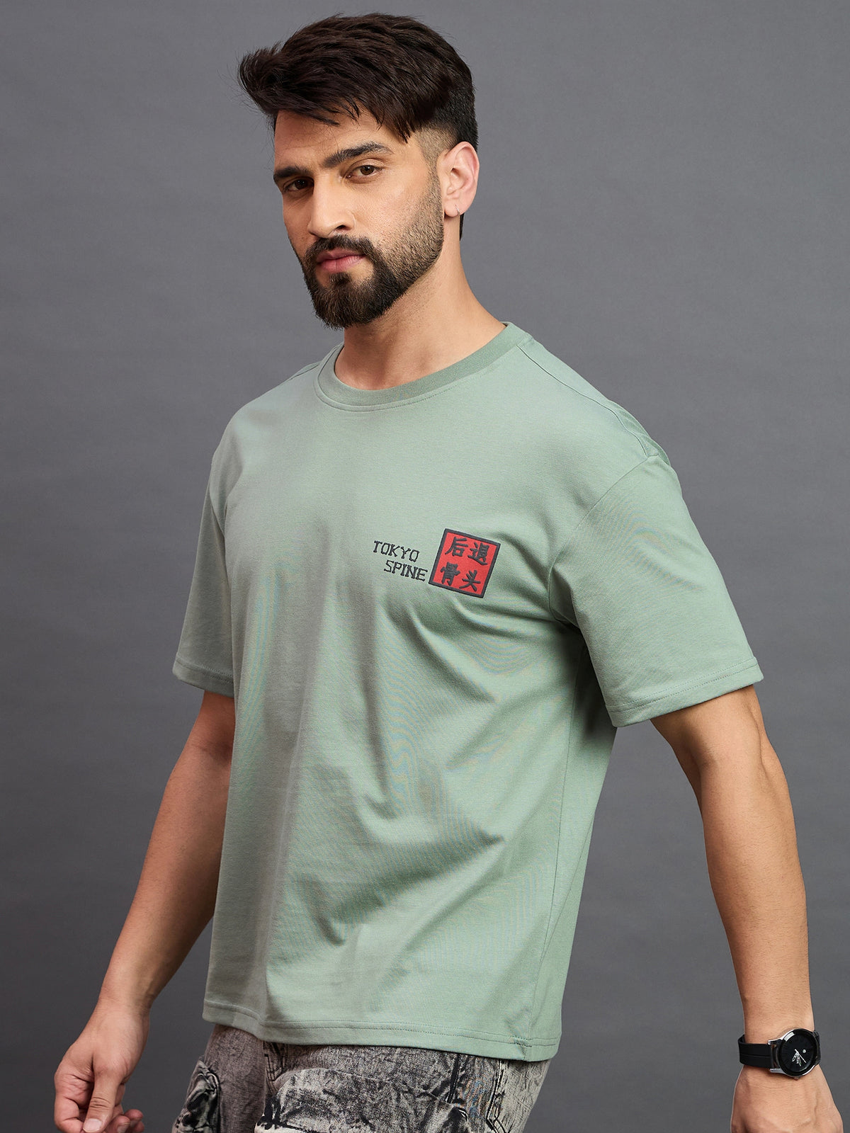 Men Oversized Round Neck Drop Shoulder T-shirt Sage