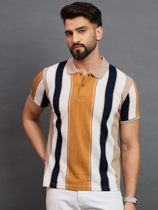 Men Striped Polo T-Shirt Orange