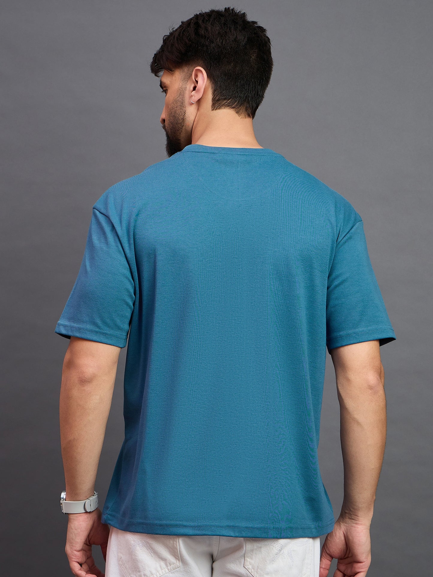 Men Oversized Round Neck Drop Shoulder T-shirt Blue