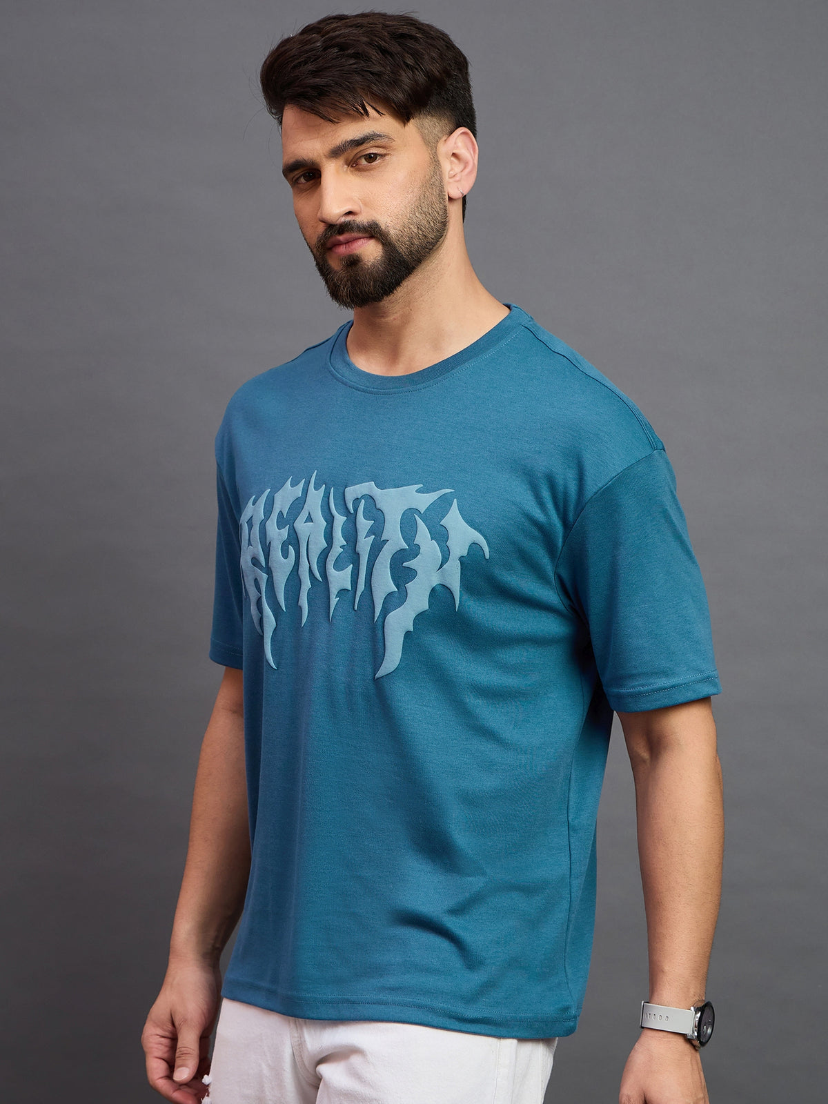 Men Oversized Round Neck Drop Shoulder T-shirt Blue