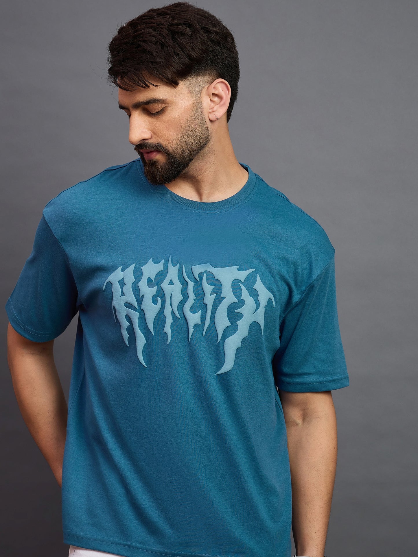 Men Oversized Round Neck Drop Shoulder T-shirt Blue