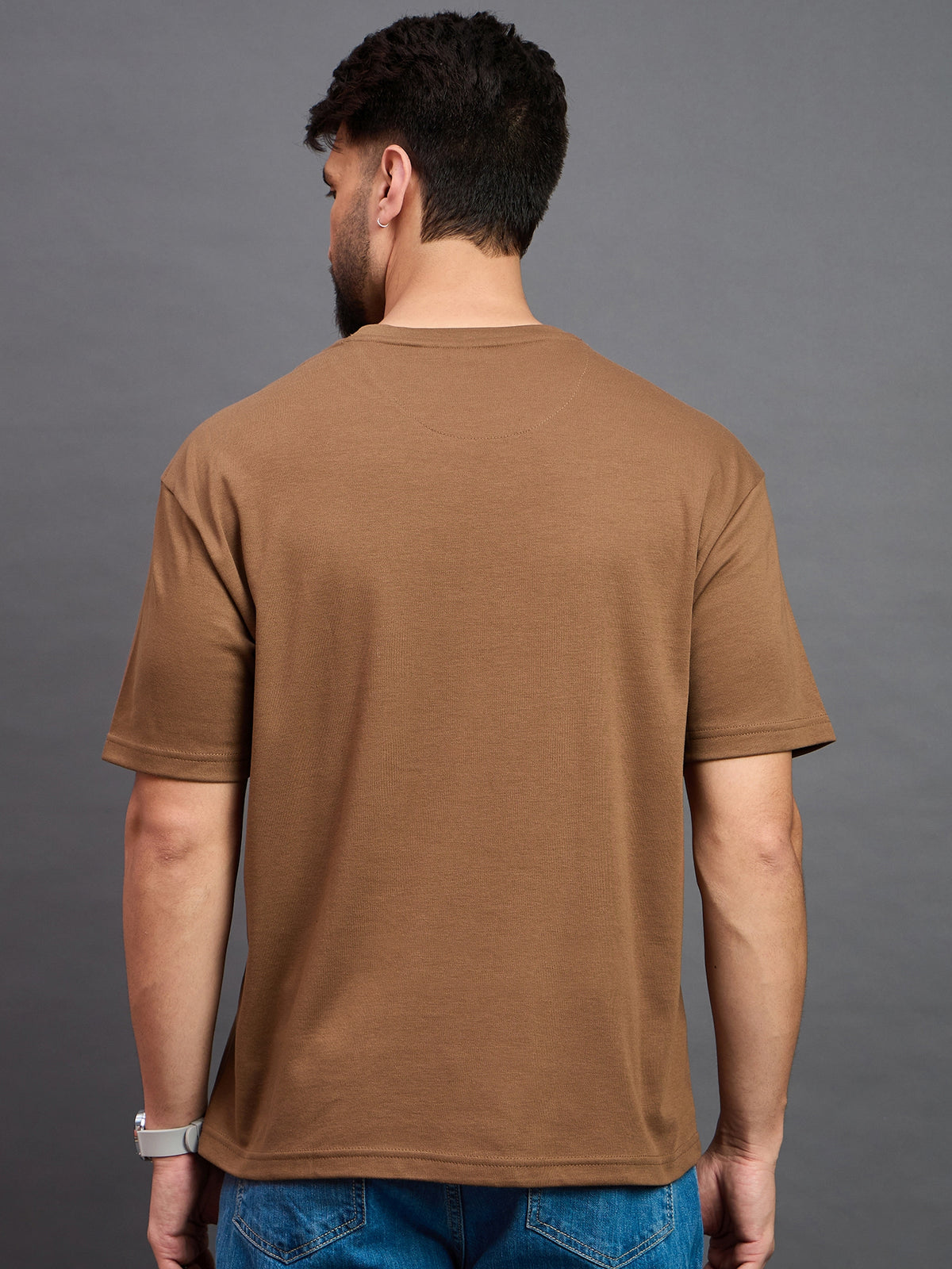 Men Oversized Round Neck Drop Shoulder T-shirt Light Brown