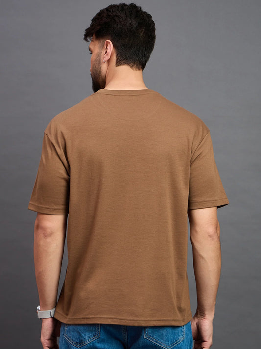 Men Printed Oversized Round Neck Drop Shoulder T-shirt Light Brown