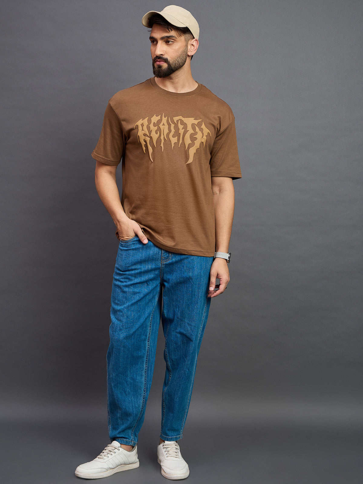 Men Oversized Round Neck Drop Shoulder T-shirt Light Brown
