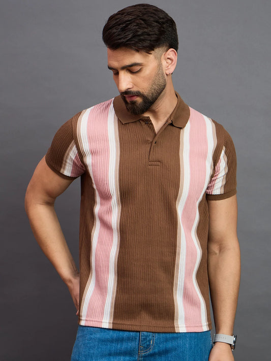 Men Polo Brown Striped T-Shirts