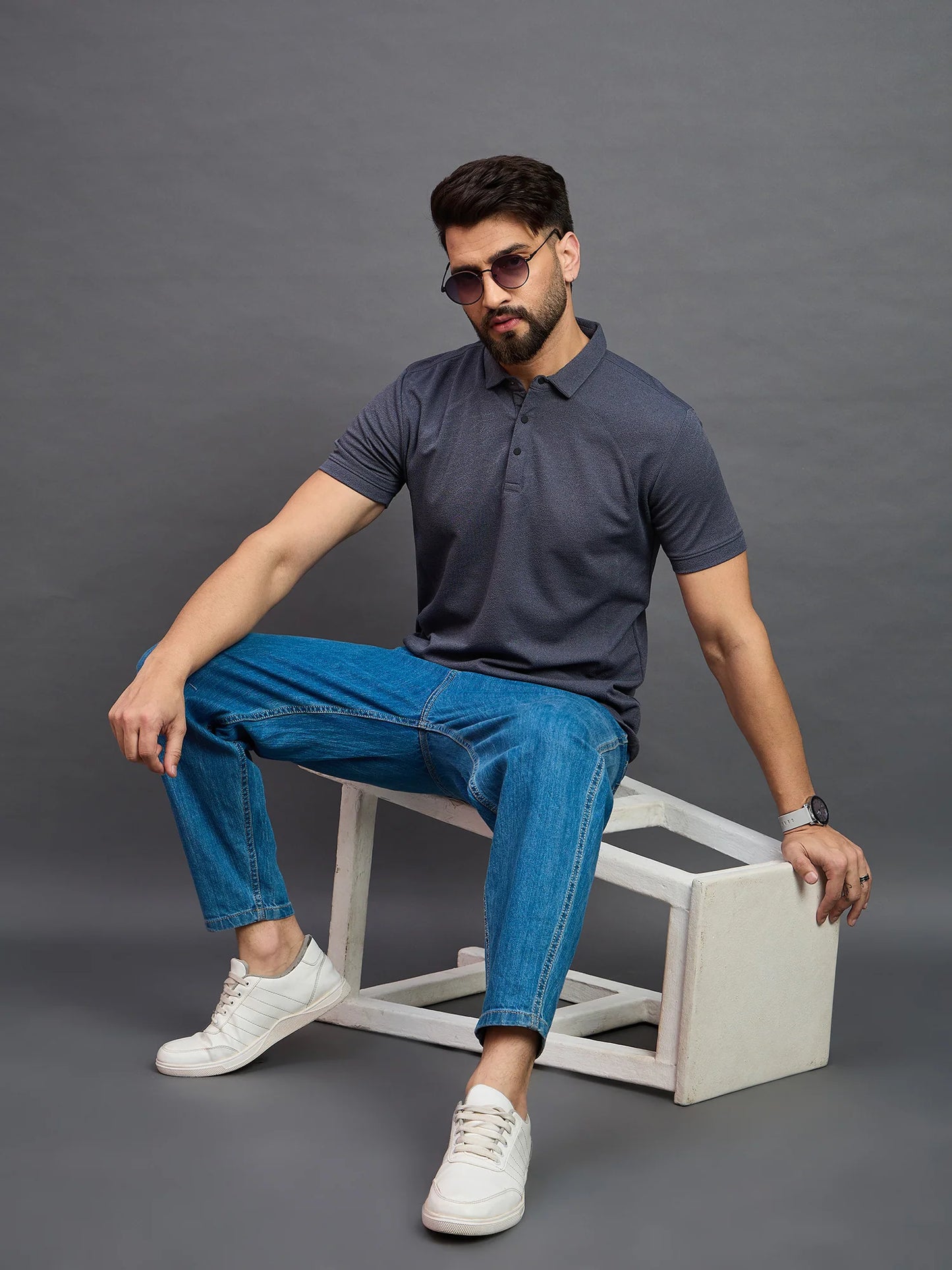 Men Solid Polo T-Shirt Navy