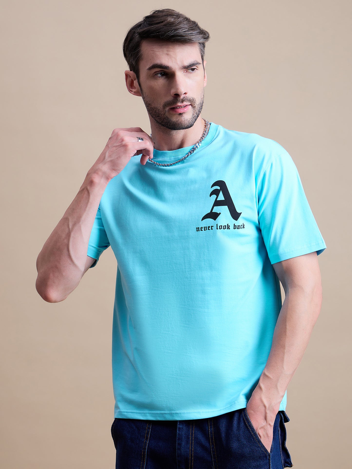 Men Round Neck Oversize Printed T-shirt Aqua - Reprise