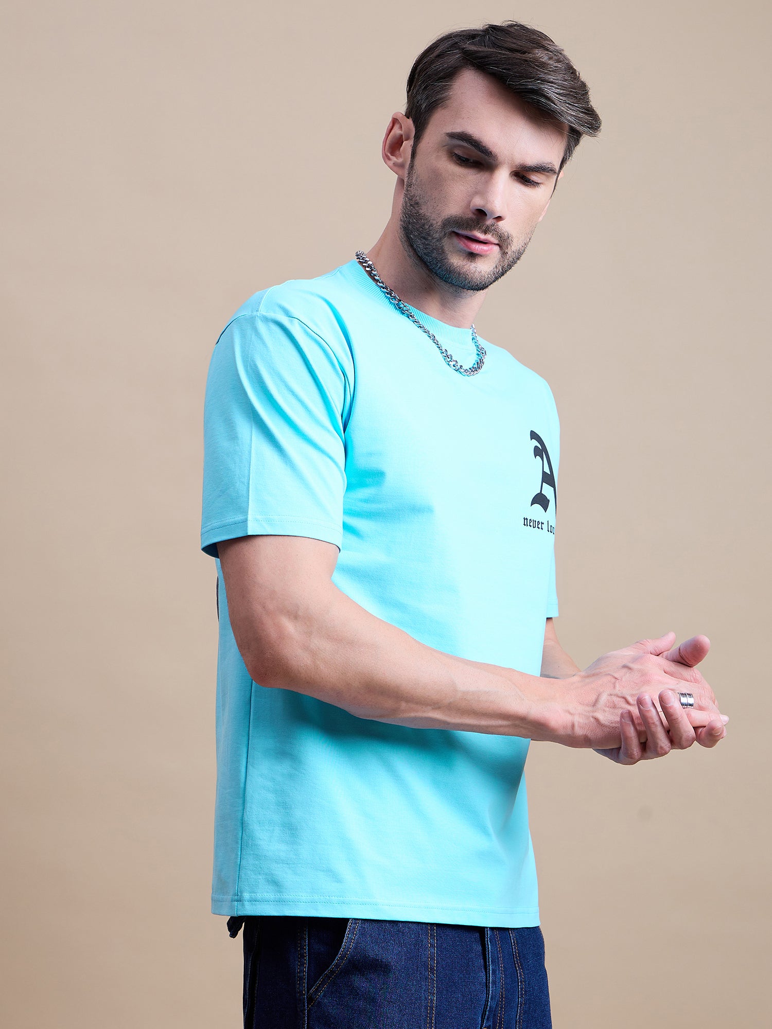 Men Round Neck Oversize Printed T-shirt Aqua - Reprise