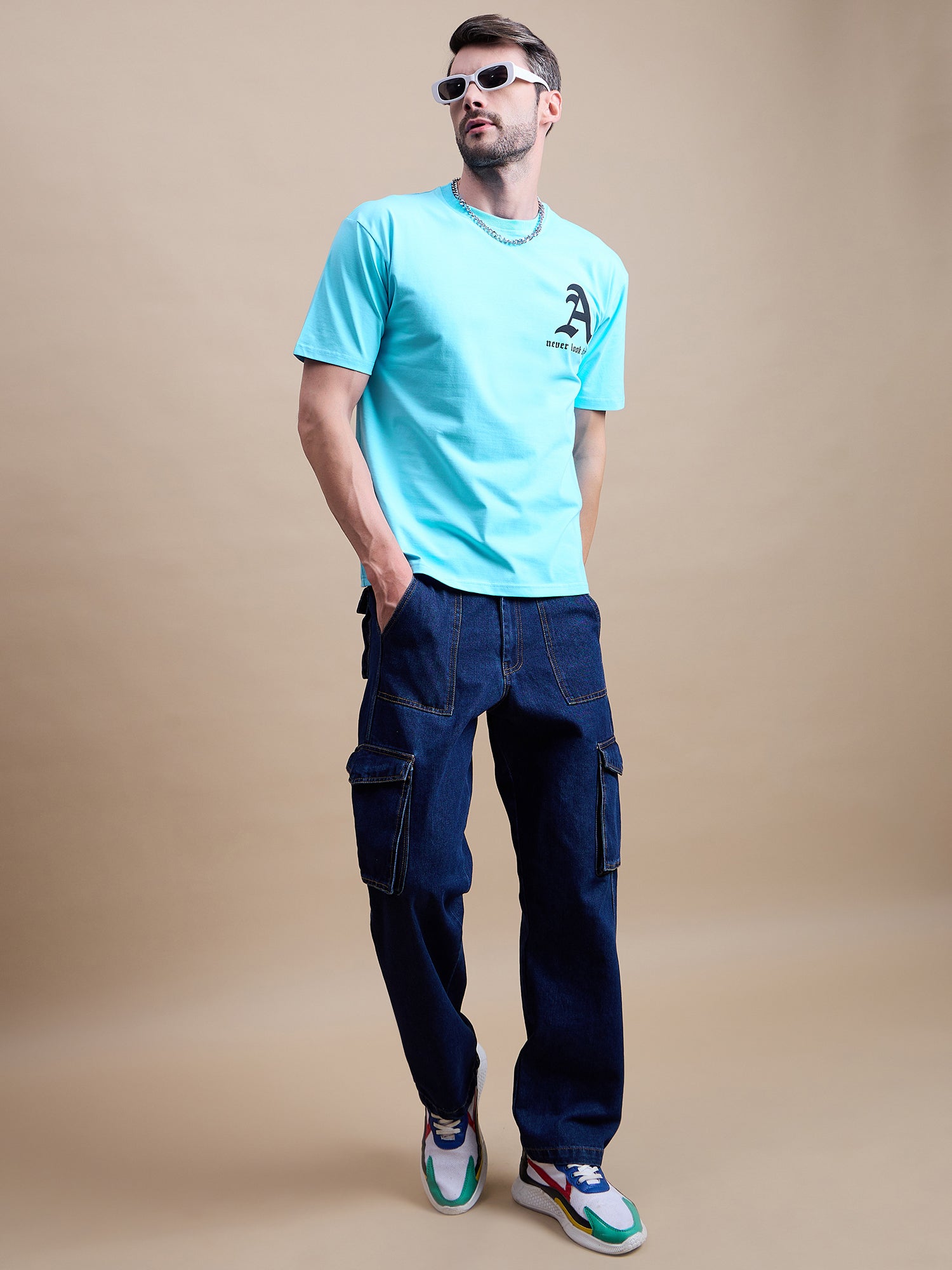 Men Round Neck Oversize Printed T-shirt Aqua - Reprise