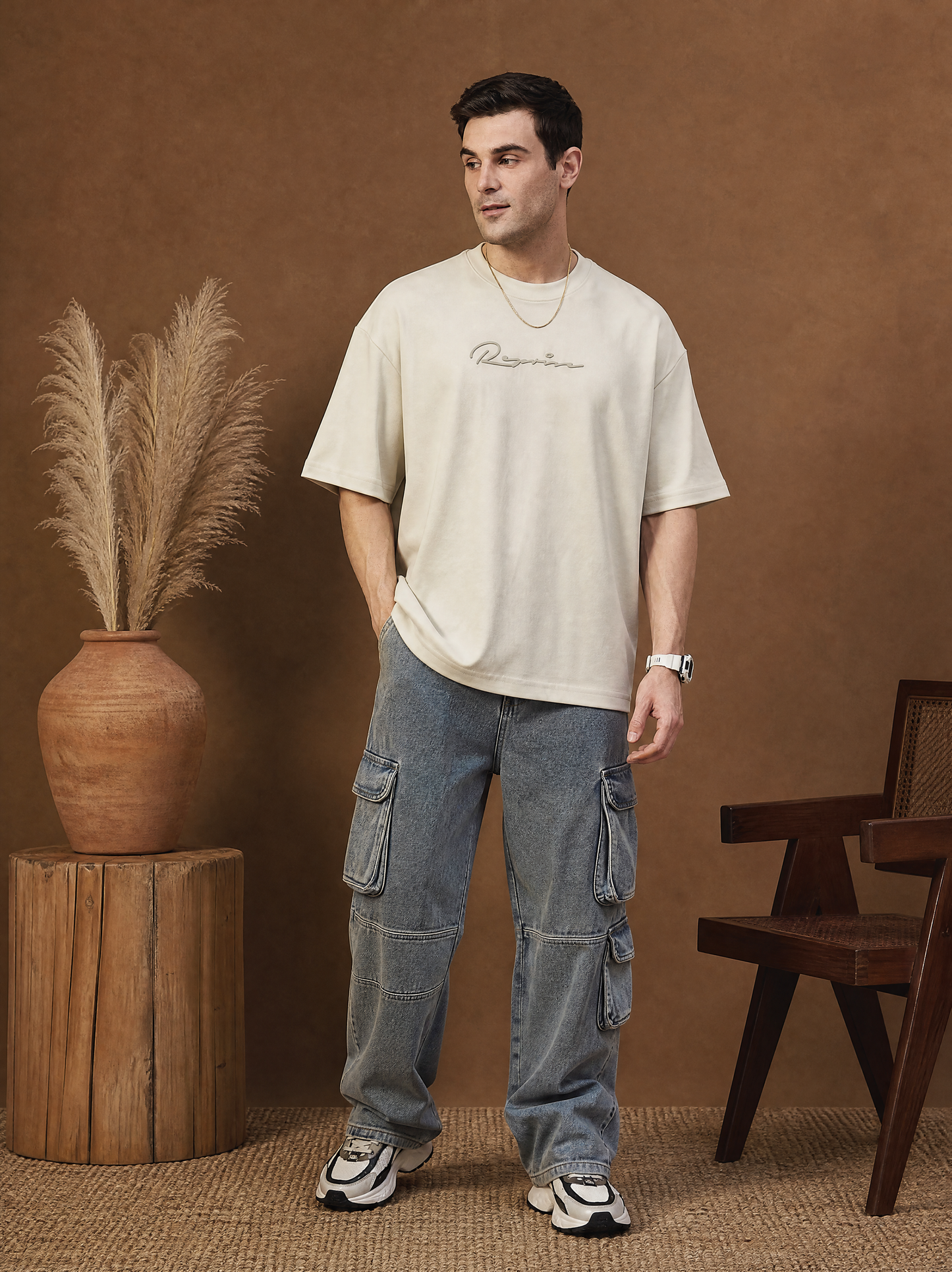 Men Oversize Printed Round Neck T-shirt Off White