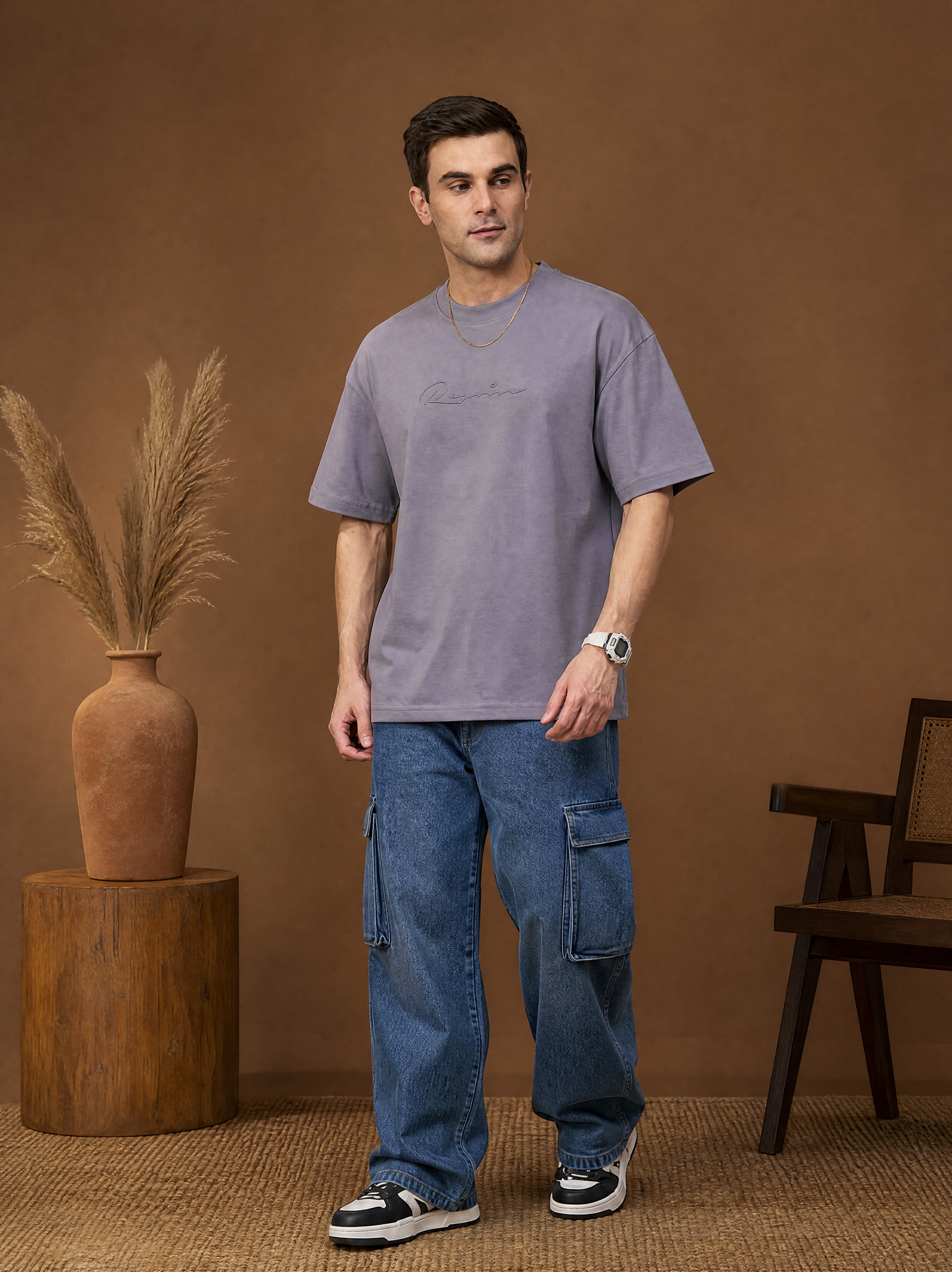 Men Oversize Printed Round Neck T-shirt Lavender