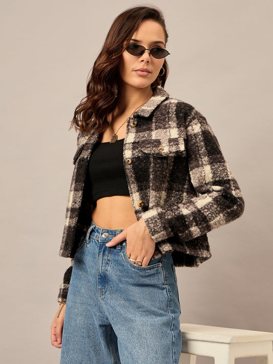 Black checked button-front shacket for women – regular fit – Reprise