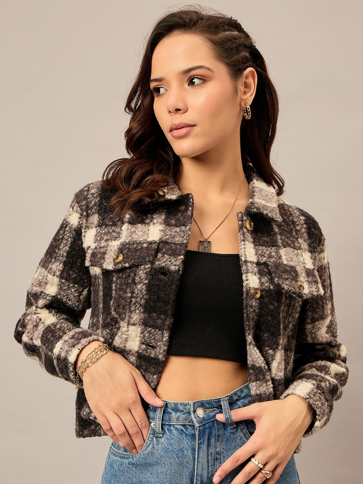 Black Buttoned Checked Jacket - Reprise