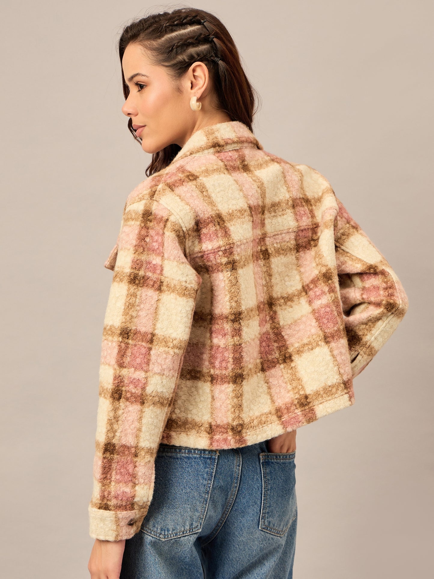 Beige Buttoned Checked Jacket - Reprise