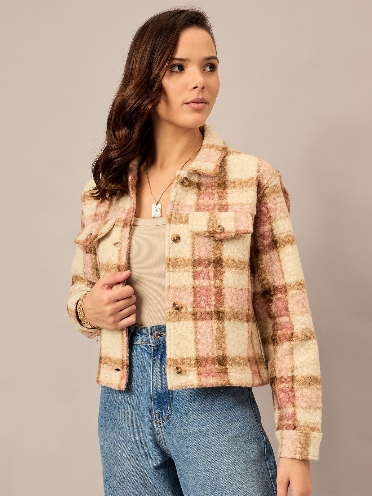 Beige Buttoned Checked Jacket - Reprise