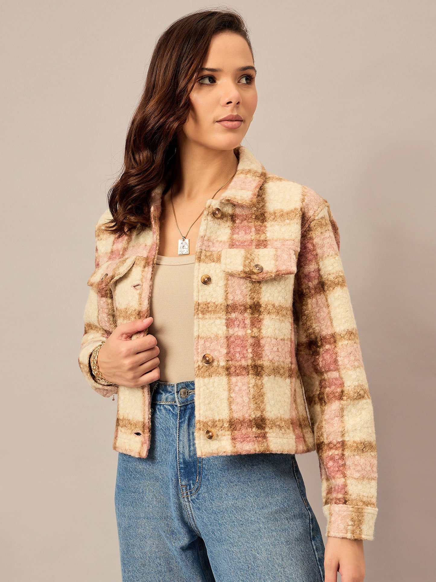 Beige Buttoned Checked Jacket - Reprise