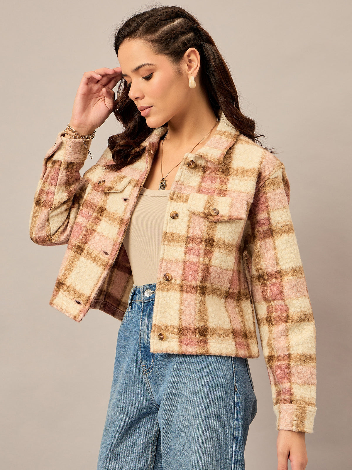 Pink checked buttoned jacket for women – regular fit – Reprise
